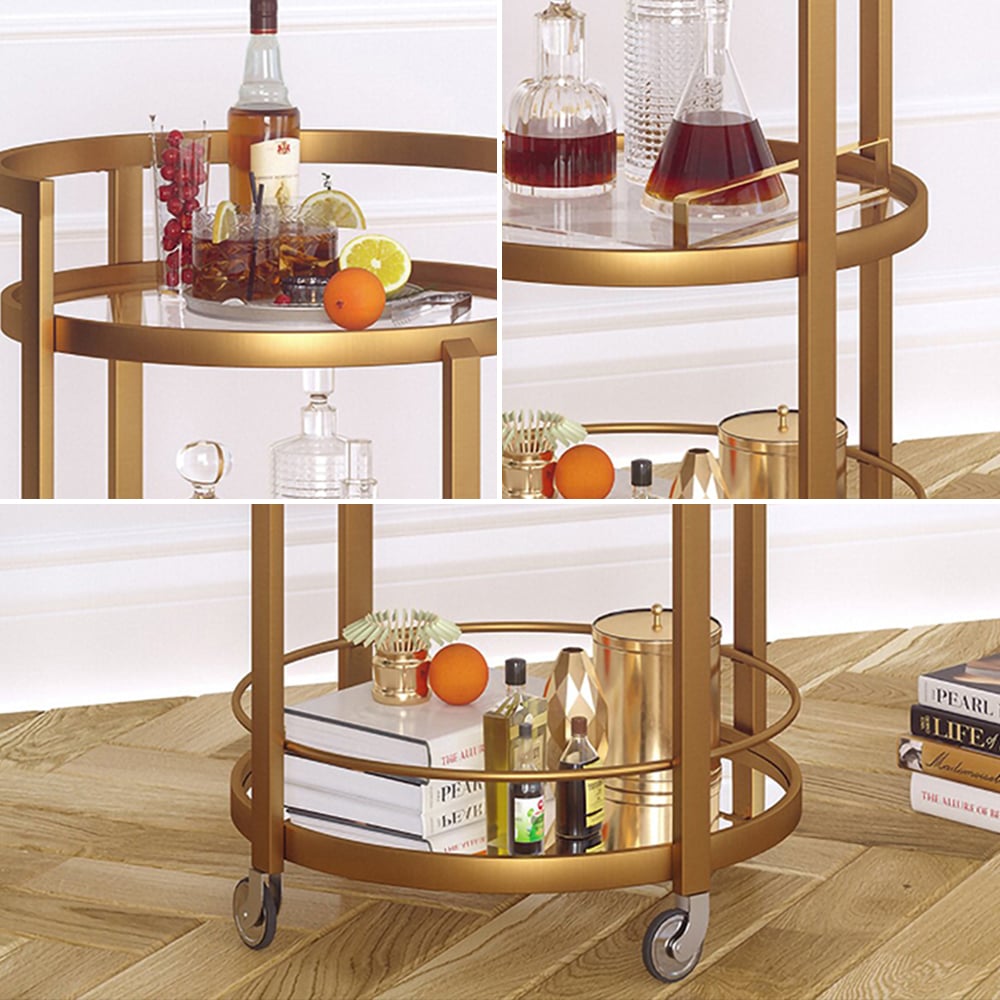 Gold Modern Round Bar Cart on Wheels 3 Tiers Glass and Metal window image