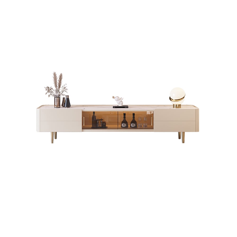 Nordic 79" Light Khaki TV Stand Sintered Stone Top Tempered Glass Doors Media Console window image