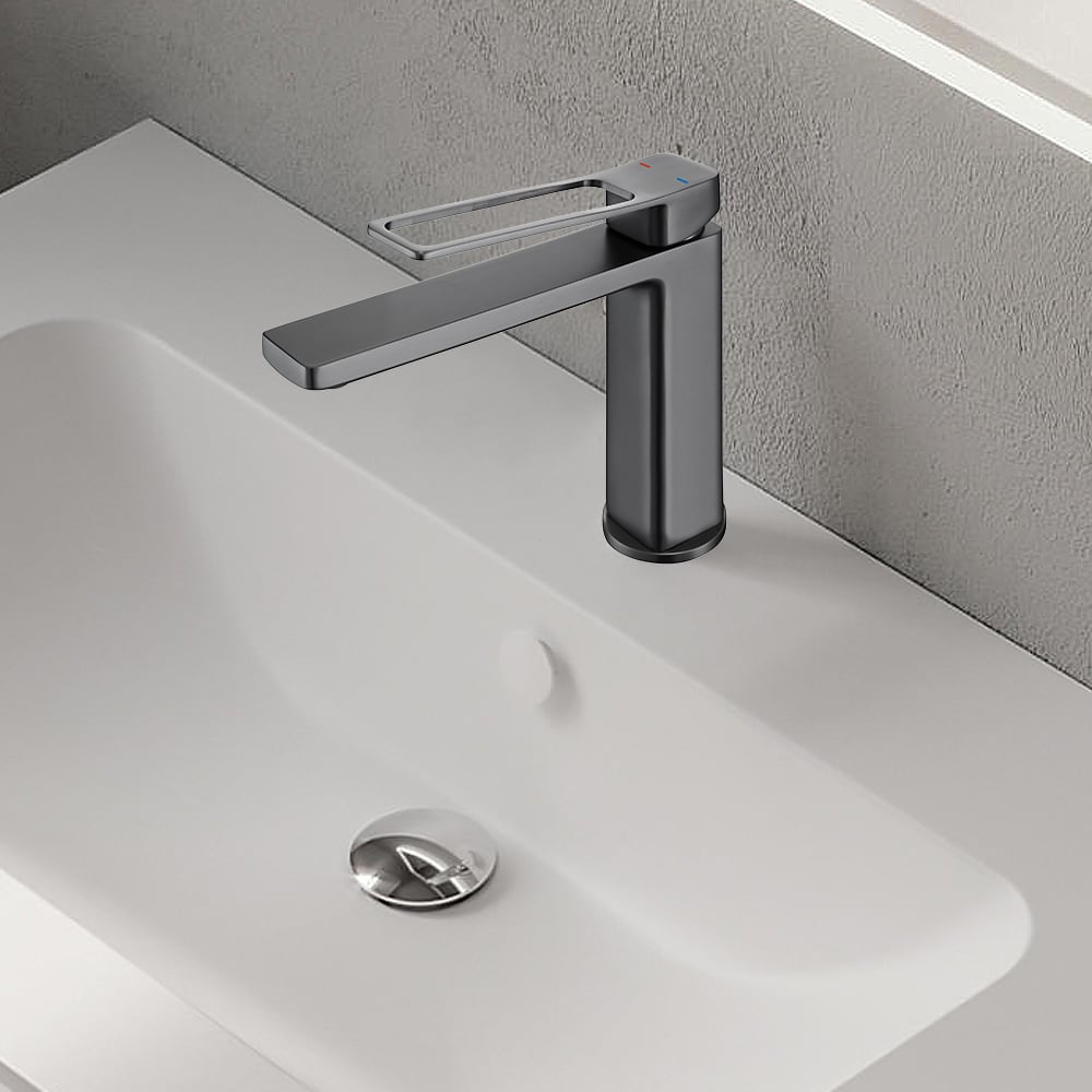 Brushed Gunmetal Single Handle Bathroom Sink Faucet 1-Hole Solid Brass window image