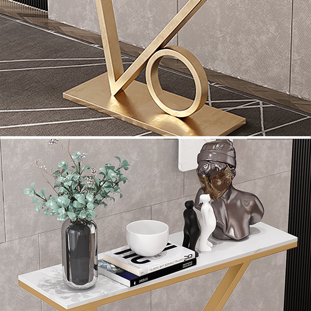 White Modern Narrow Console Table with Sintered Stone Top & Metal Frame window image