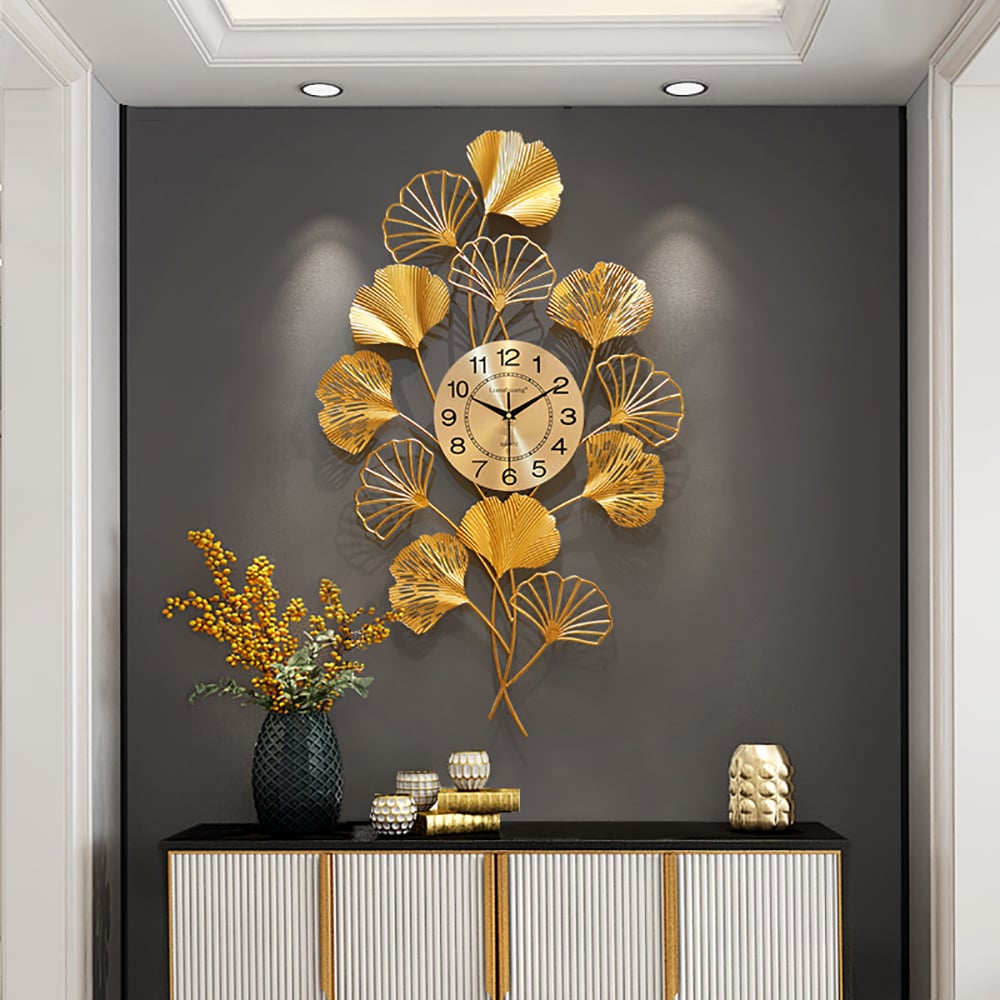 Style A European Deluxe Gold Leaf Ginkgo Design Oversized Wall Clock window image
