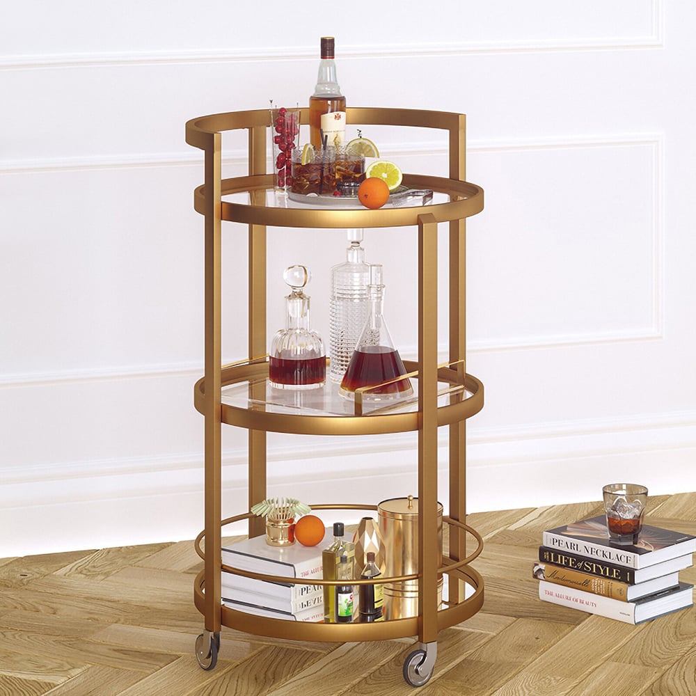Gold Modern Round Bar Cart on Wheels 3 Tiers Glass and Metal window image