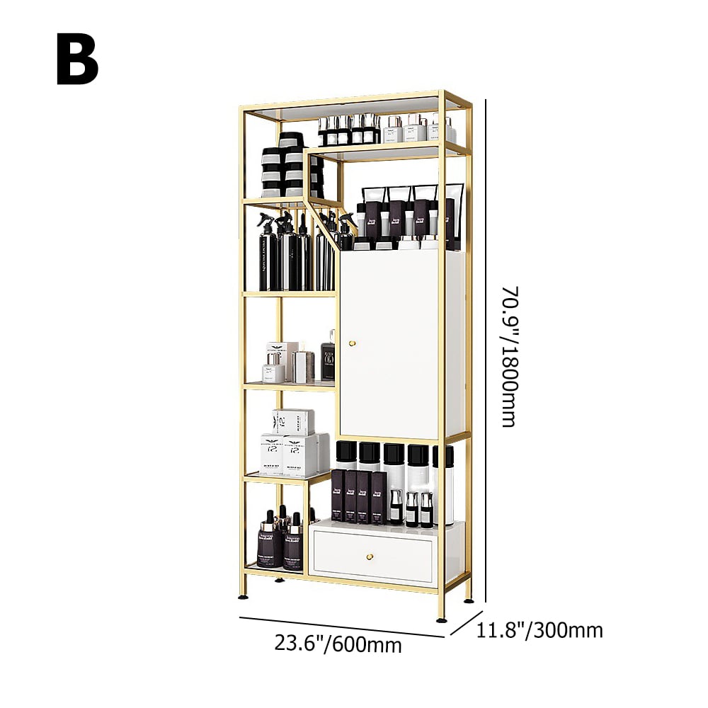 Contemporary Standing Standard Bookshelf with Door and Drawer in Gold & White window image
