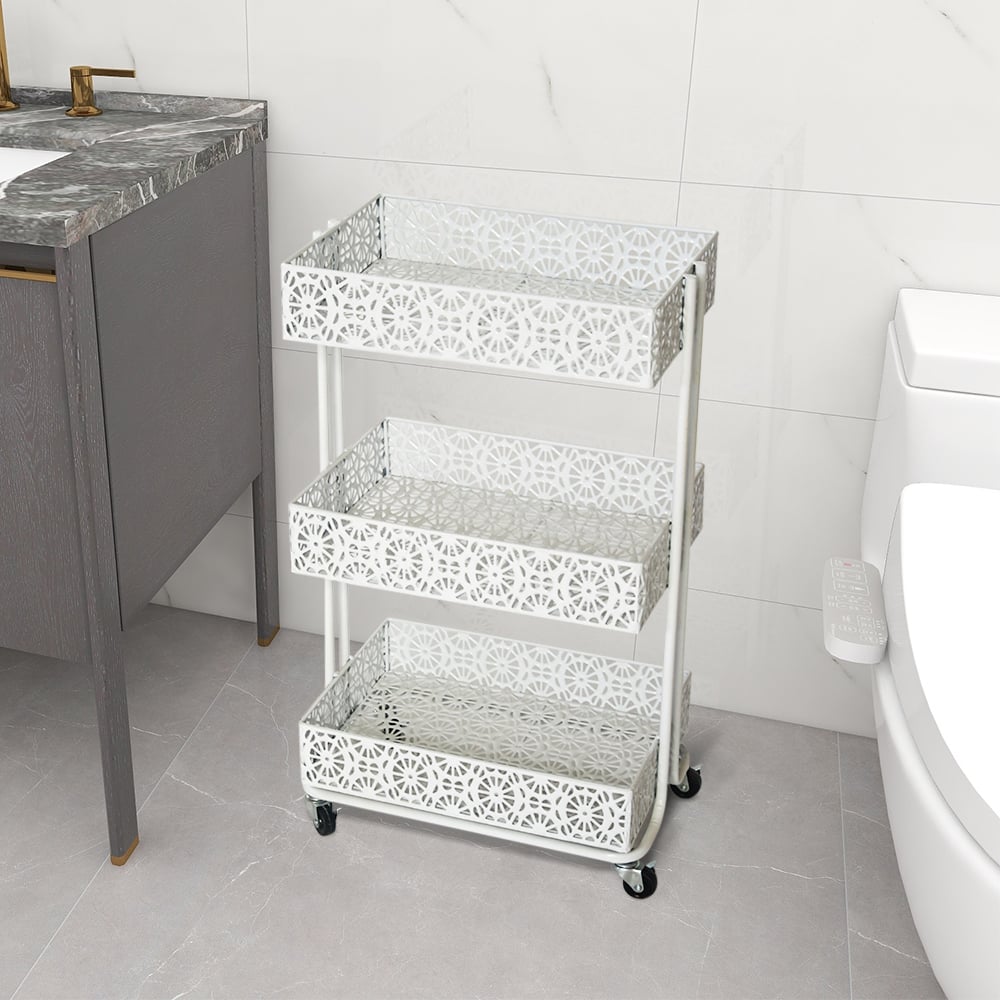 3-Tier Modern Metal Bar Cart on Wheels White window image