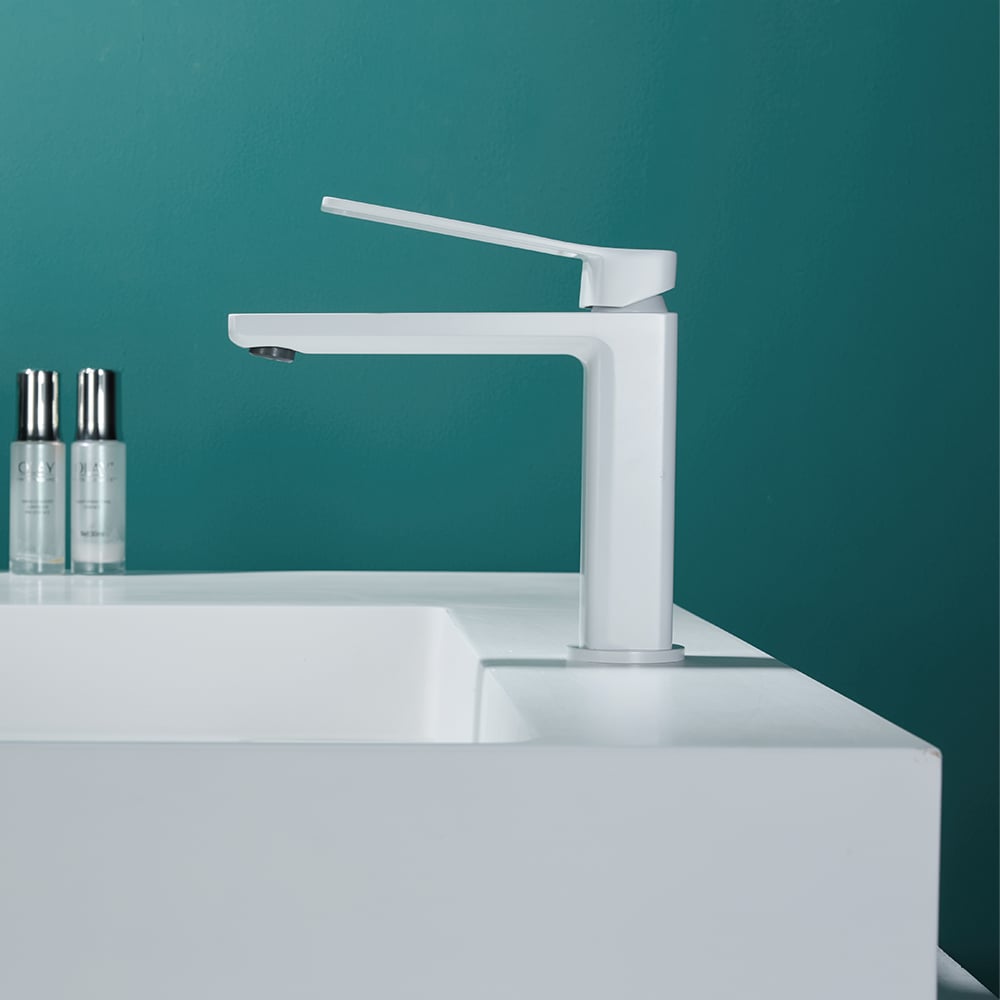 White Single Lever Handle Bathroom Basin Tap Monobloc Solid Brass window image