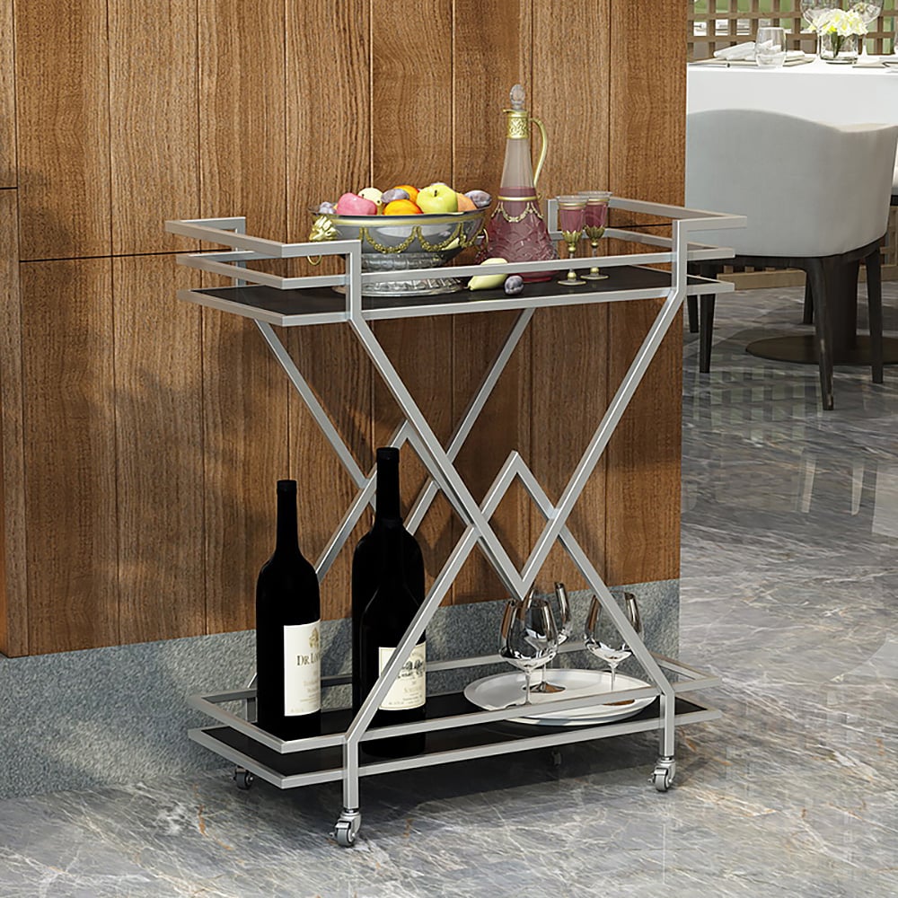 Chariot de service à barres roulantes à 2 niveaux de 27,6 po avec poignées X-Frame en argent image de fenêtre