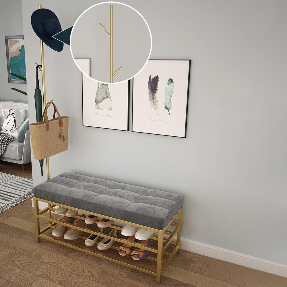 Entryway Upholstery Shoe Bench with Coat Rack-Gray window image