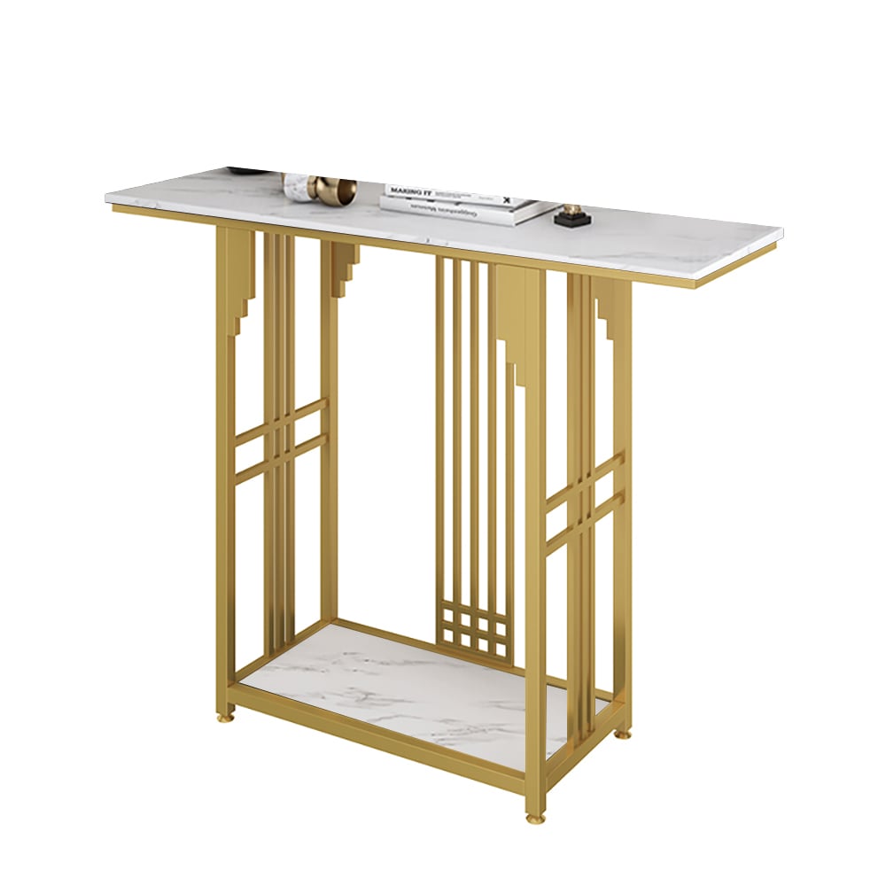 White Console Table with Storage Sintered Stone Top & Metal Frame window image