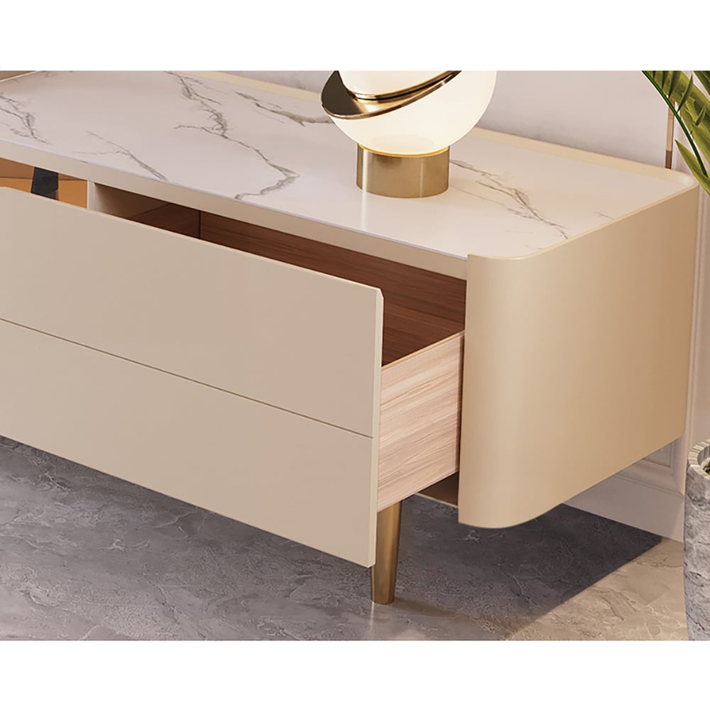 Nordic 79" Light Khaki TV Stand Sintered Stone Top Tempered Glass Doors Media Console window image