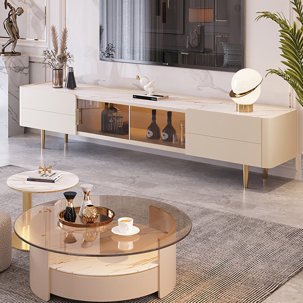 Nordic 79" Light Khaki TV Stand Sintered Stone Top Tempered Glass Doors Media Console window image