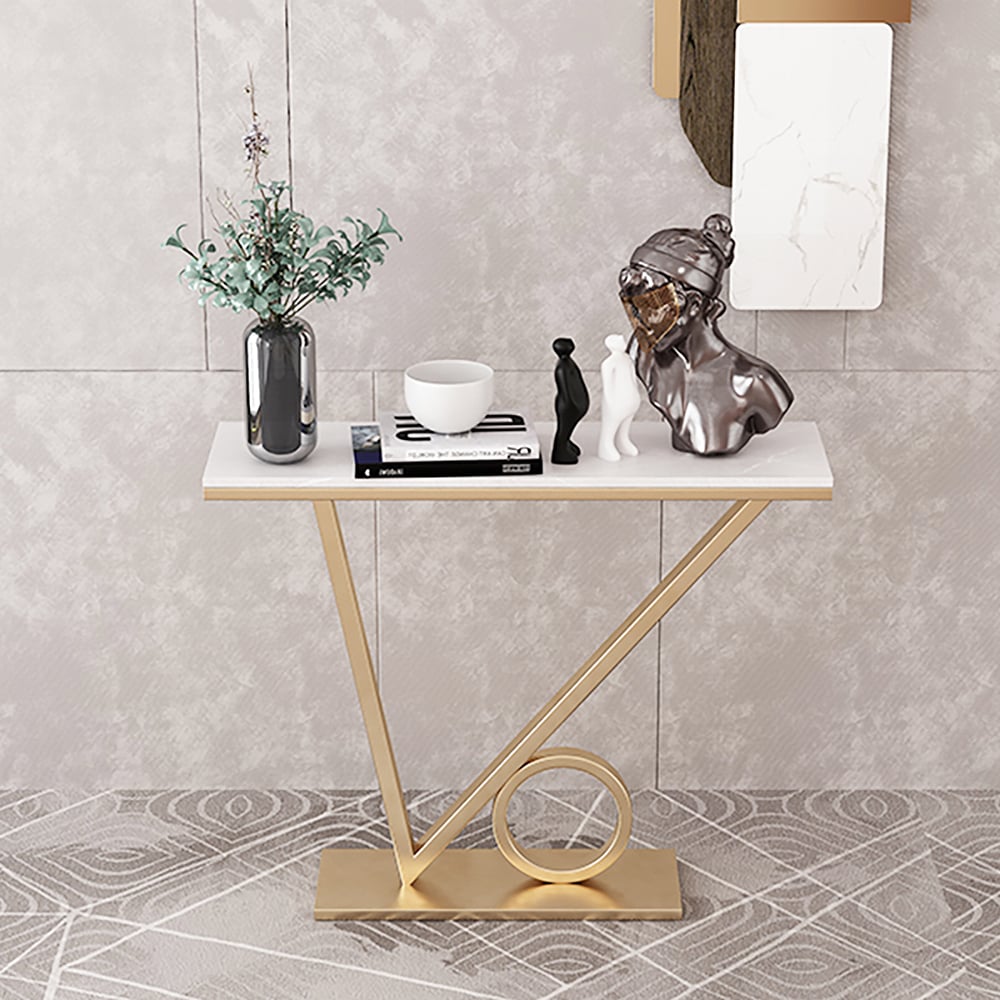 White Modern Narrow Console Table with Sintered Stone Top & Metal Frame window image