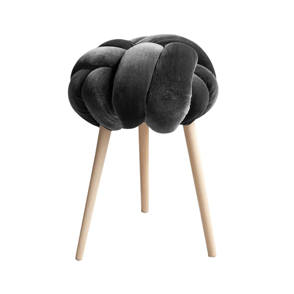 Gray Nordic Ottoman Knot Round Velvet Stool Upholstered Triangle Legs Ottoman window image