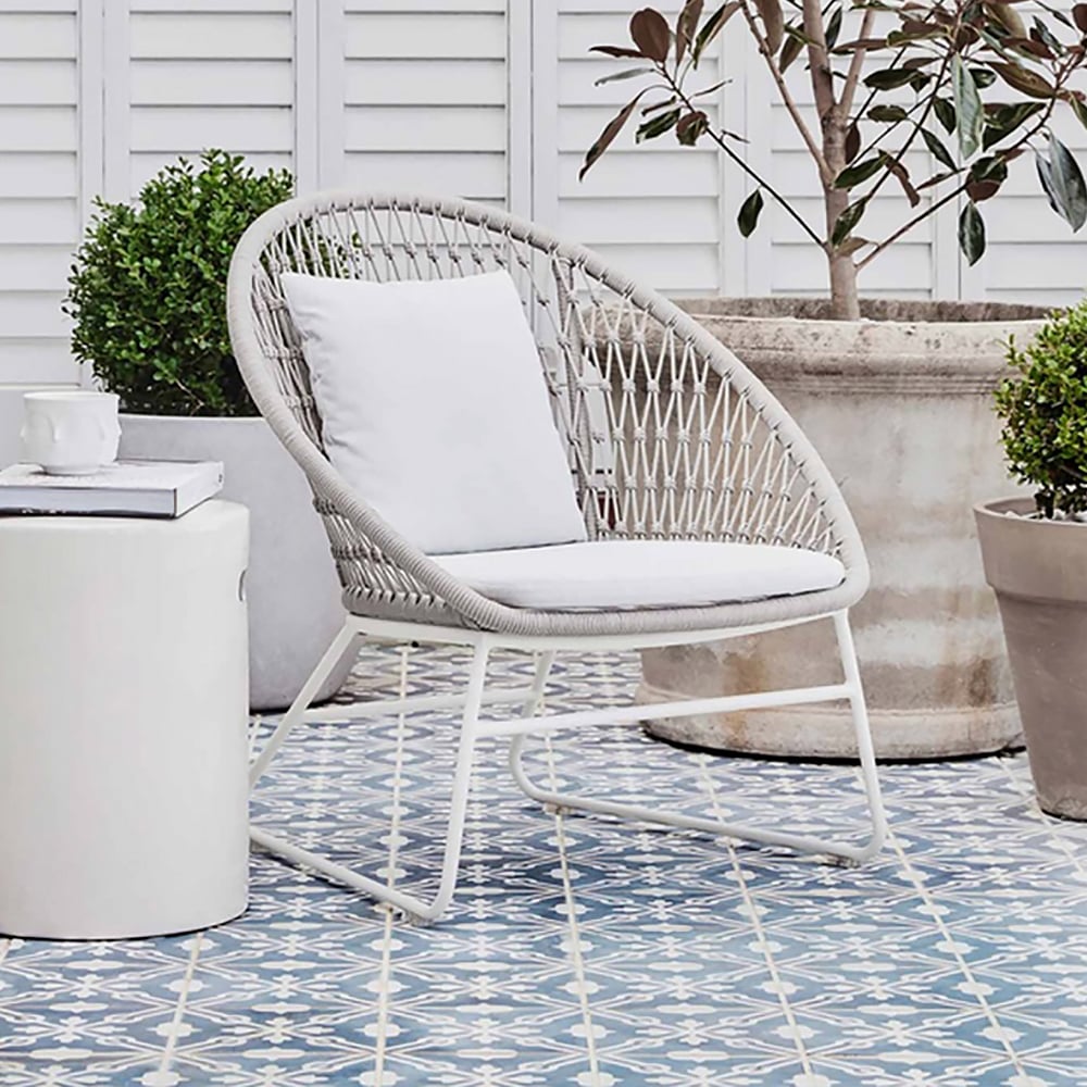 White Rattan Patio Side Chair with Cushion Aluminum Frame window image