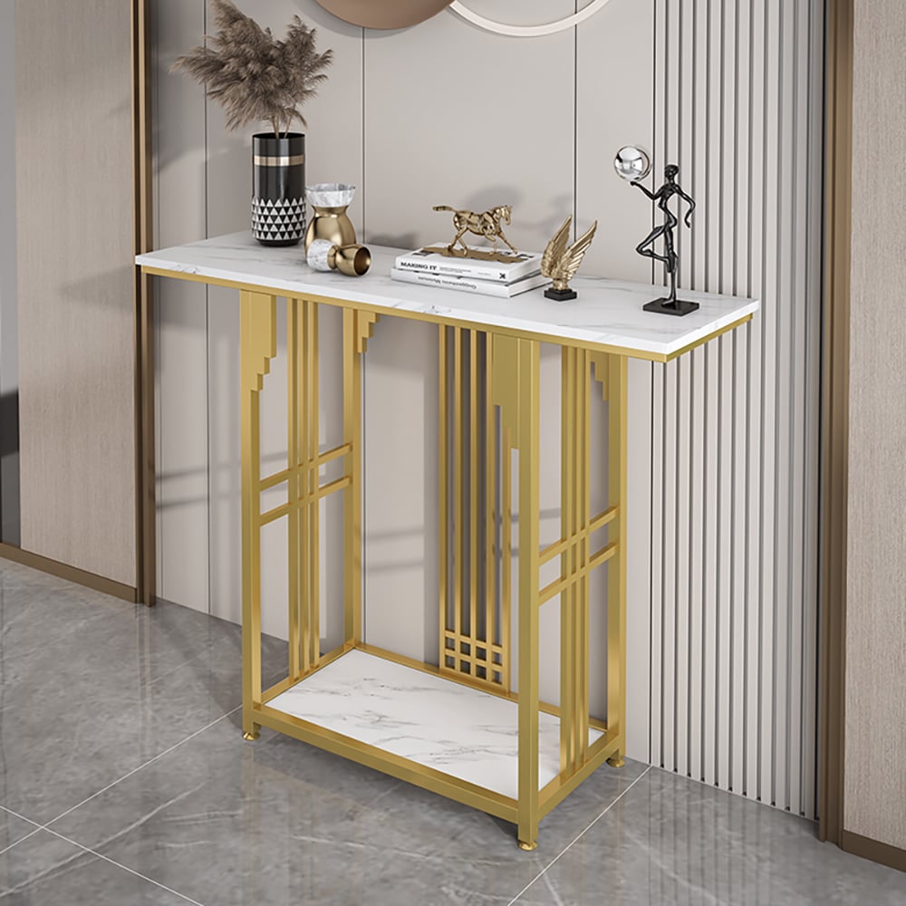 White Console Table with Storage Sintered Stone Top & Metal Frame window image