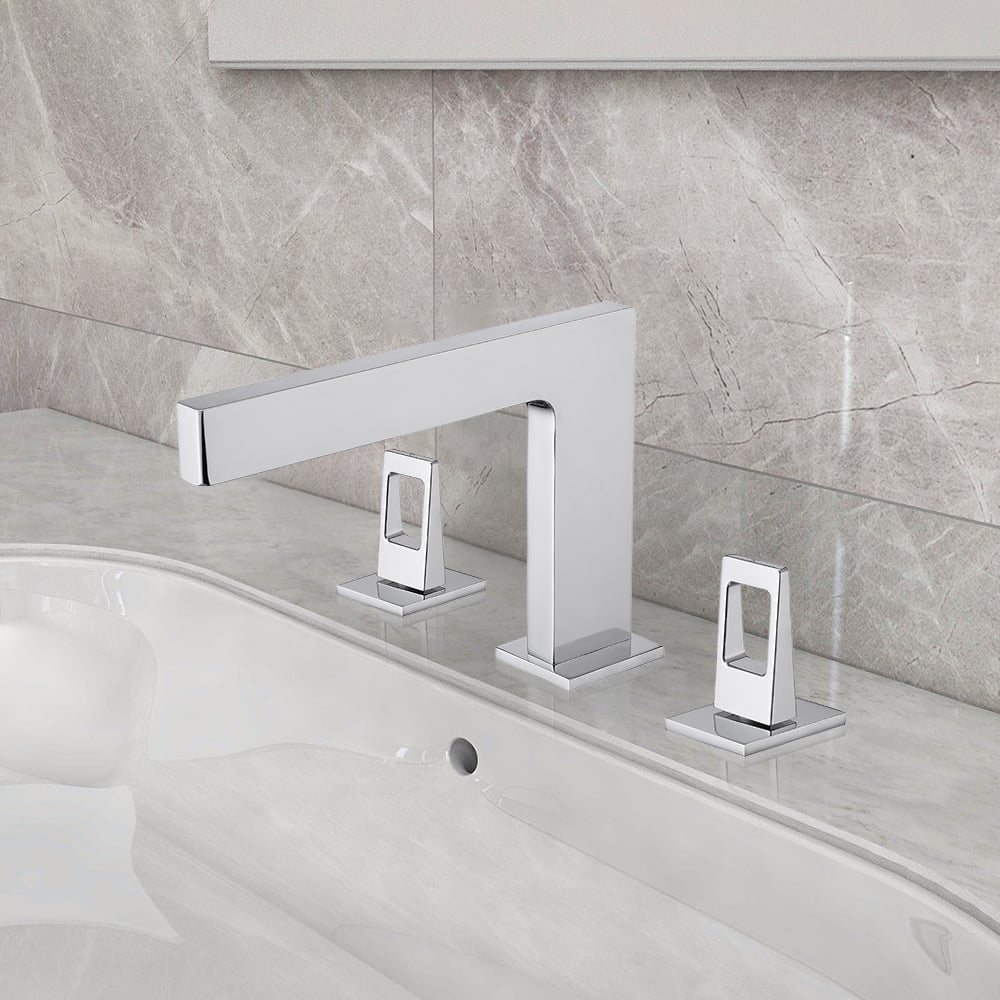 Polished Chrome Bathroom Widespread Sink Faucet Double Handle Solid Brass window image