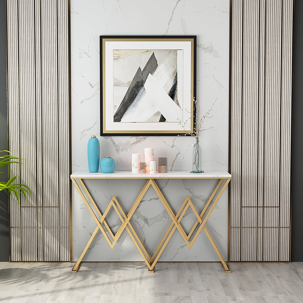 Modern White Narrow Console Table with Marble Top & Goal Metal Frame window image