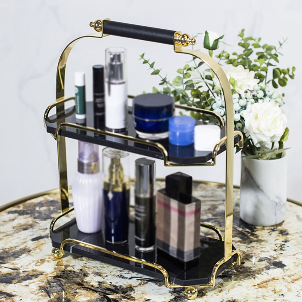 Black 2-Tier Modern Marble Desk Organizer Vanity Tray with Handle window image