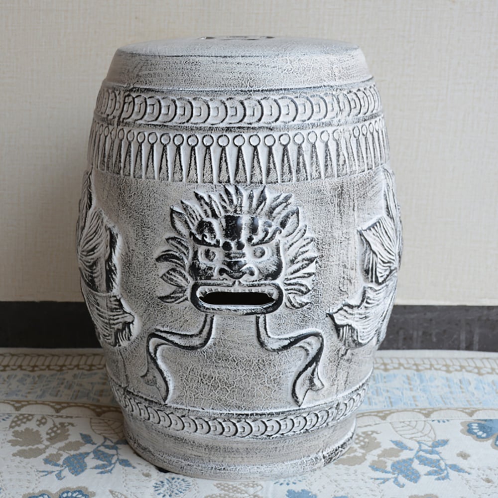 350.5mm Ceramic Garden Stool End Table with Cracked Ice Lion Face Pattern Grey window image