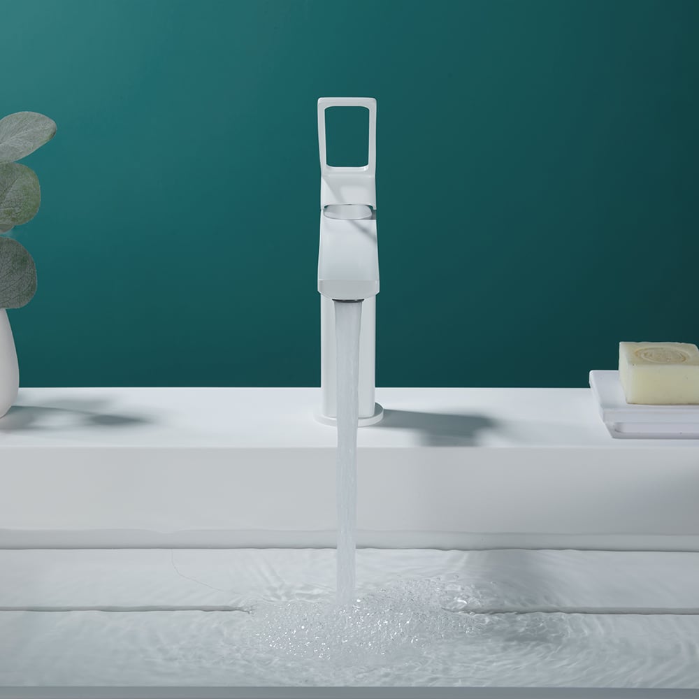 White Single Lever Handle Bathroom Basin Tap Monobloc Solid Brass window image