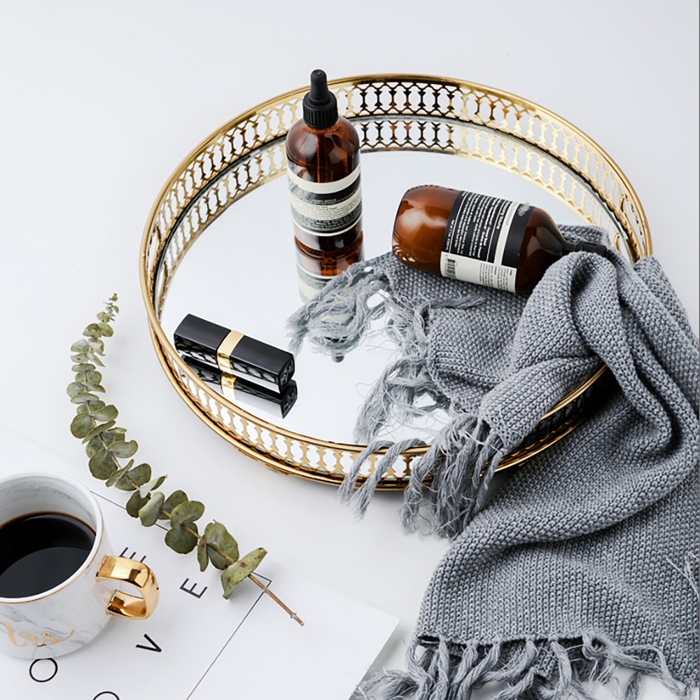 Gold Round Glass Mirror Serving Vanity Tray window image