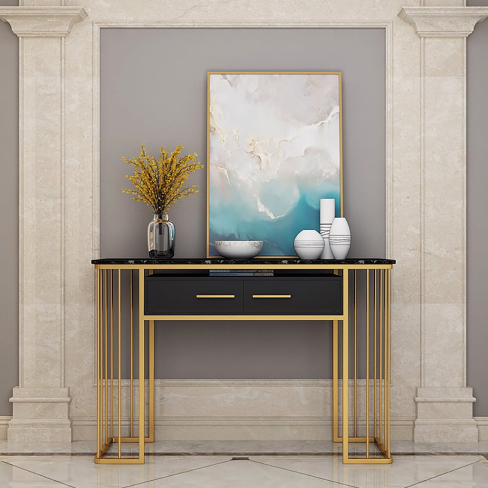 Black Modern Console Table with Storage Marble Top & Metal Frame window image