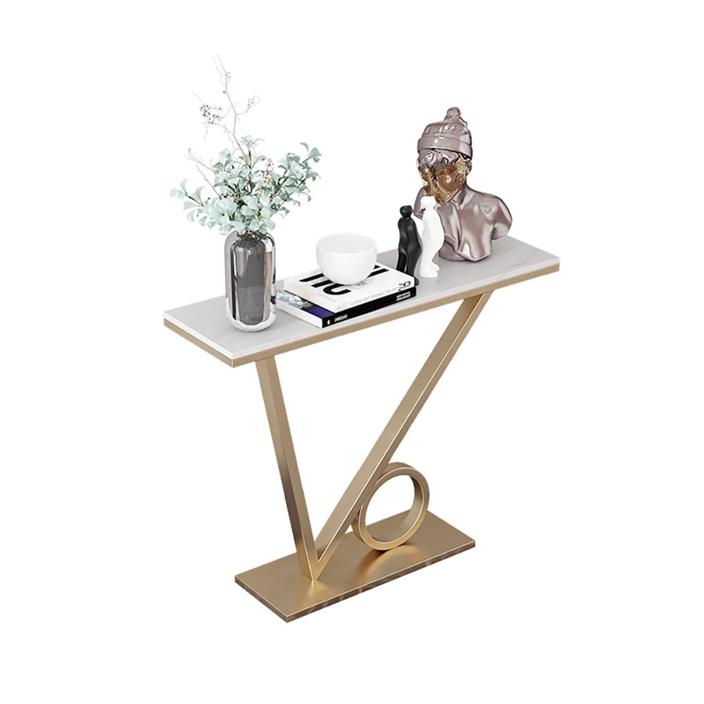 White Modern Narrow Console Table with Sintered Stone Top & Metal Frame window image