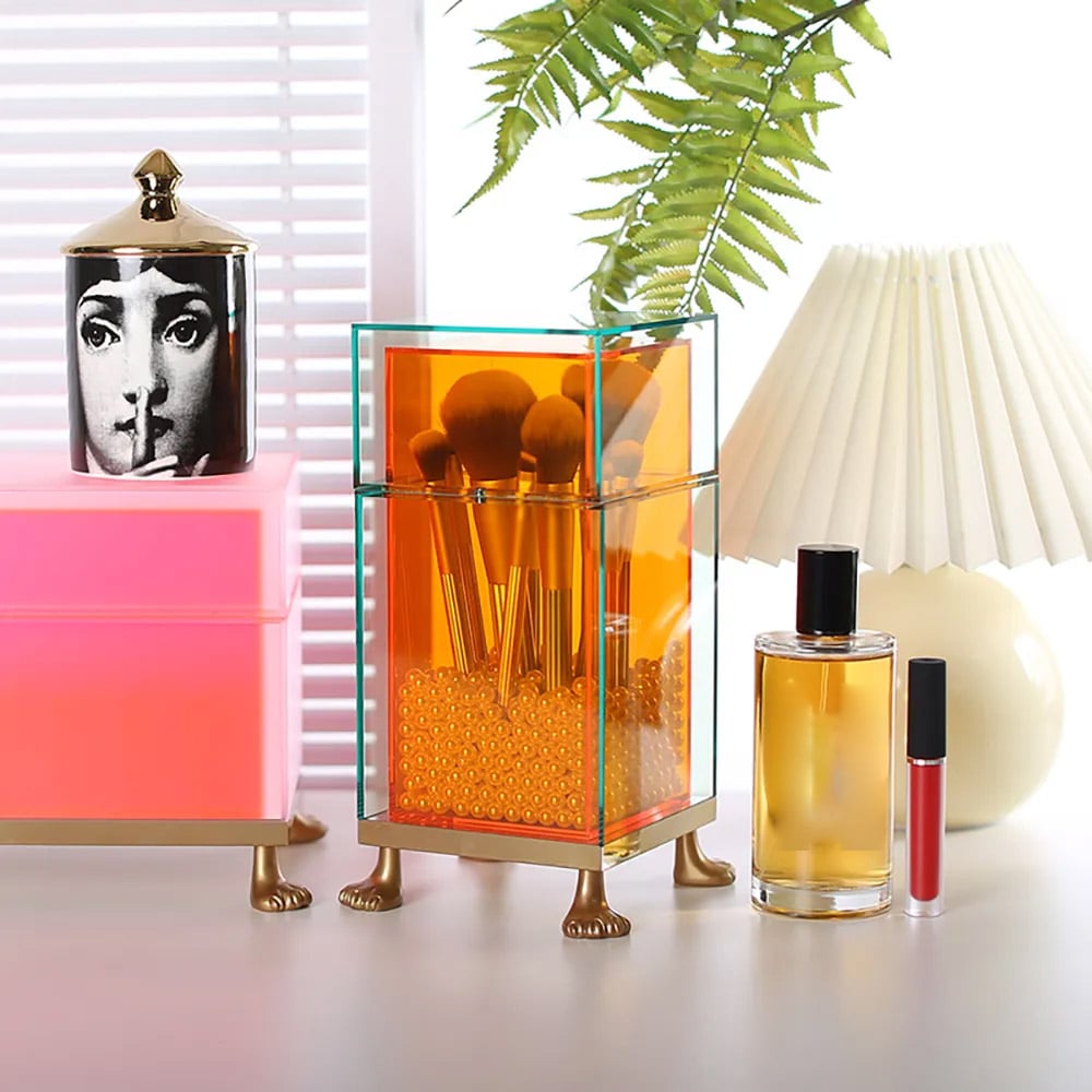 Double-Layer Makeup Brush Holder Organiser Dustproof with Lid & Pearls window image