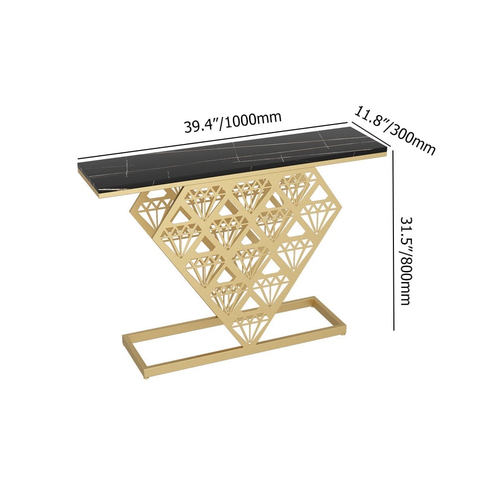 Black Modern Narrow Console Table Sintered Stone Top Entryway Table Metal in Gold Frame window image