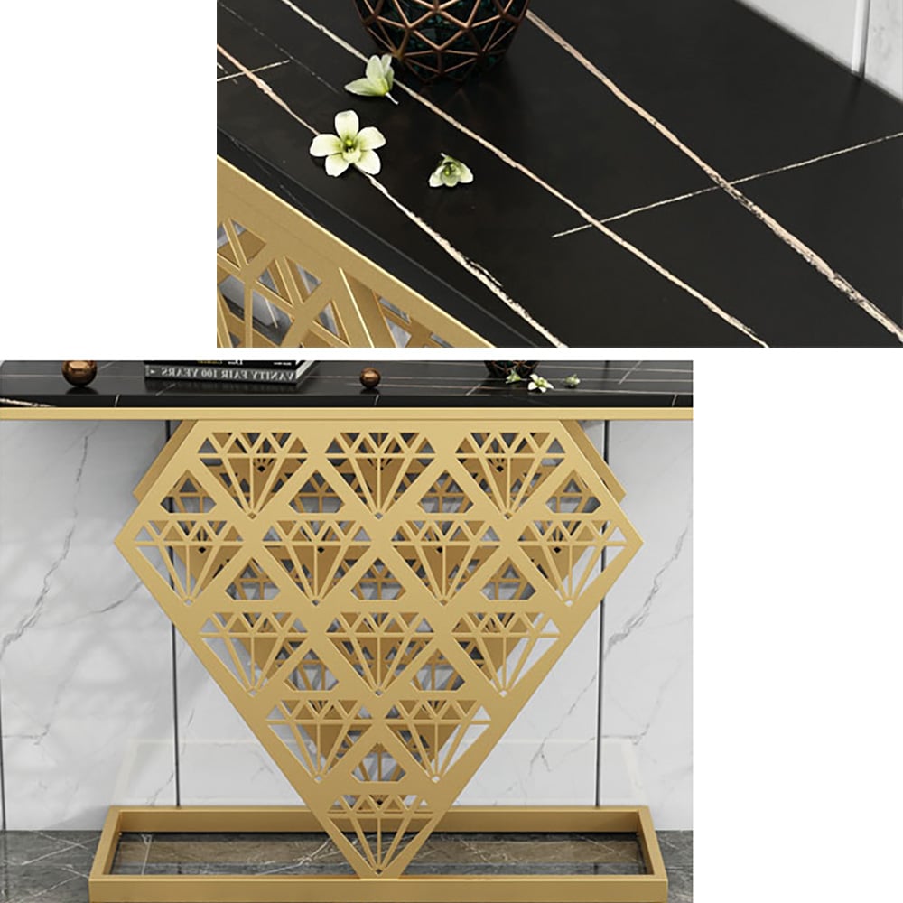 Black Modern Narrow Console Table Sintered Stone Top Entryway Table Metal in Gold Frame window image