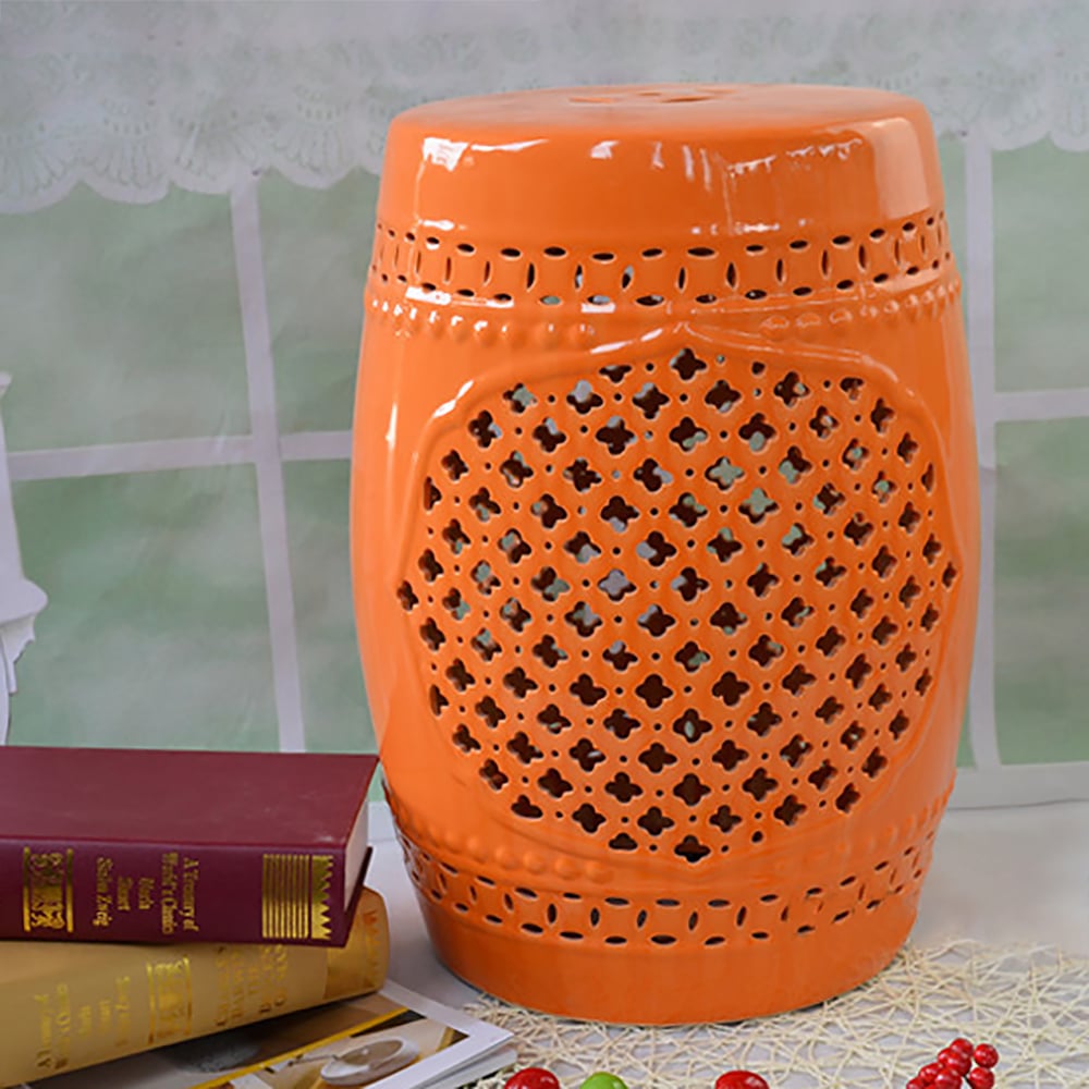 300mm Ceramic Orange Garden Stool  End Table Drum Shape window image