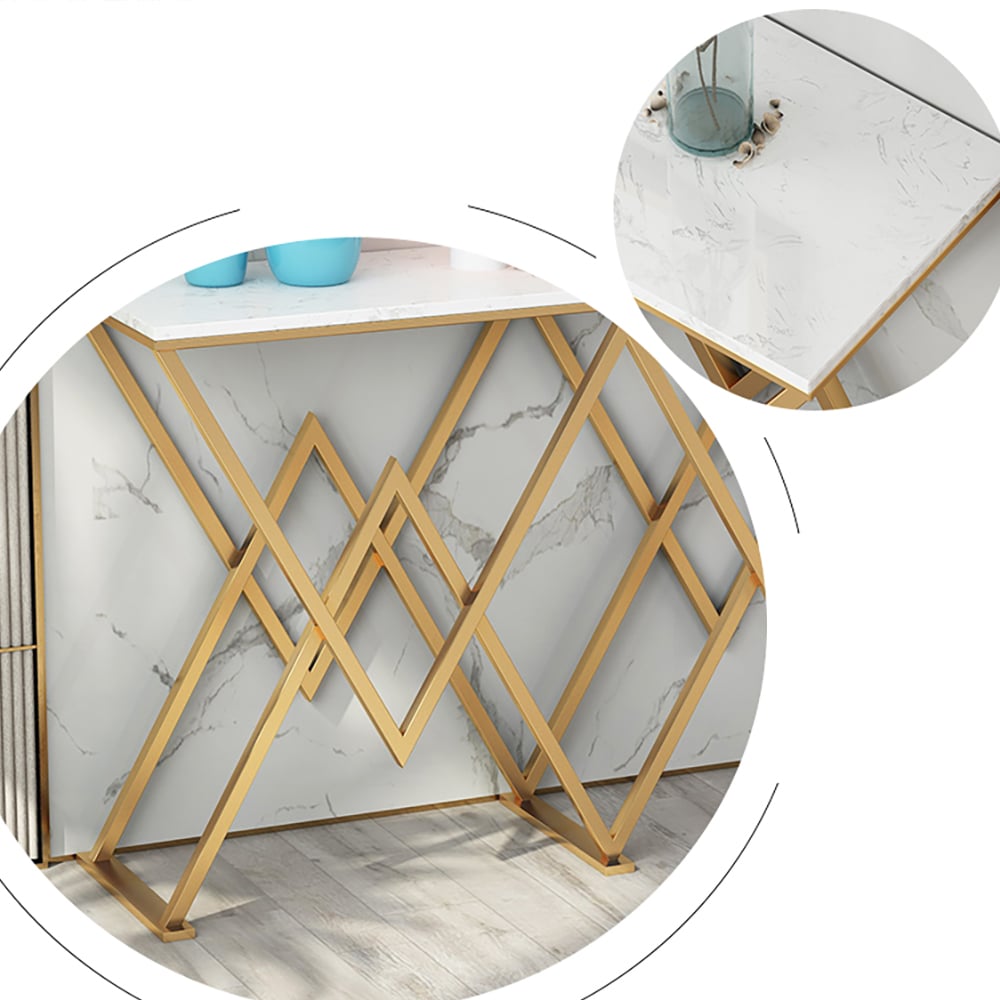 Modern White Narrow Console Table with Marble Top & Goal Metal Frame window image