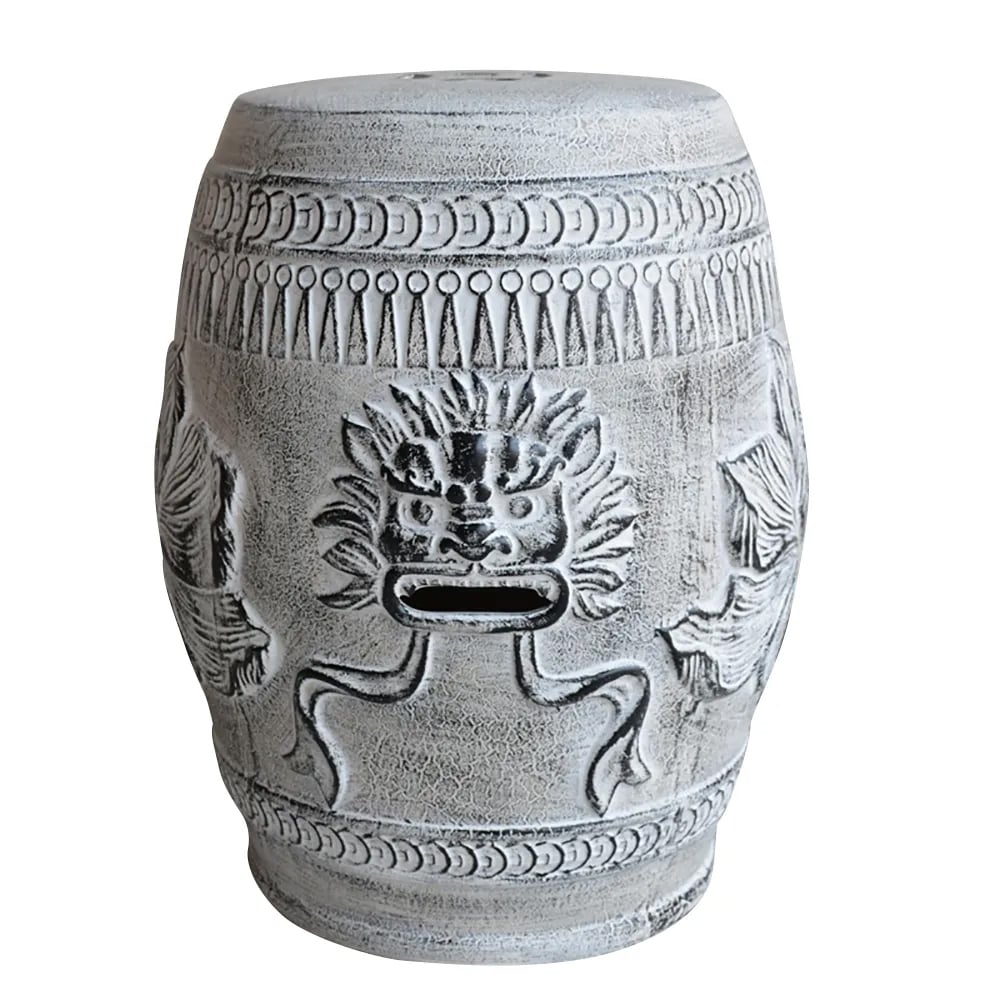350.5mm Ceramic Garden Stool End Table with Cracked Ice Lion Face Pattern Grey window image