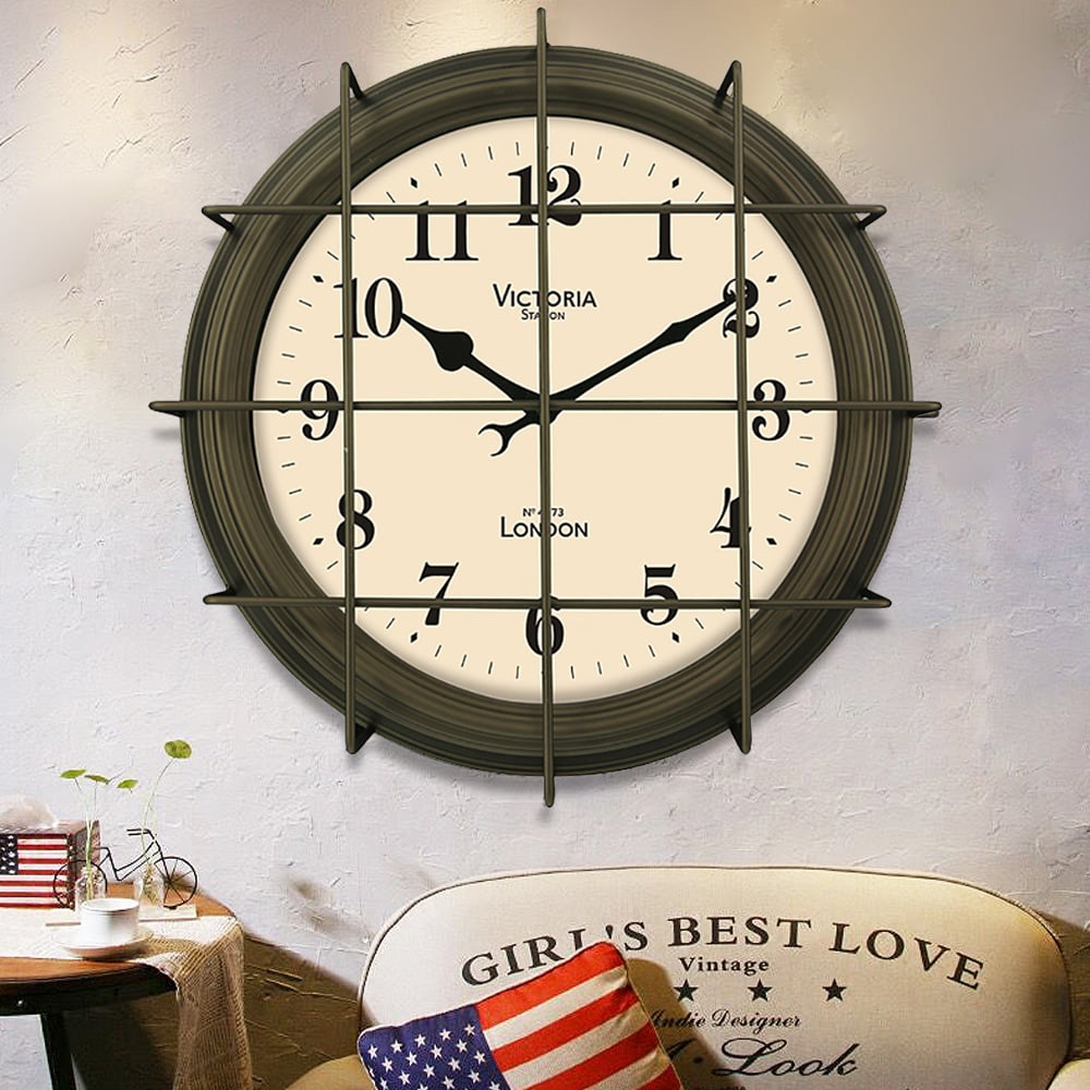 16.1" Retro-Industrial Style Round Wall Clock with Metal Wire Mesh Frame window image