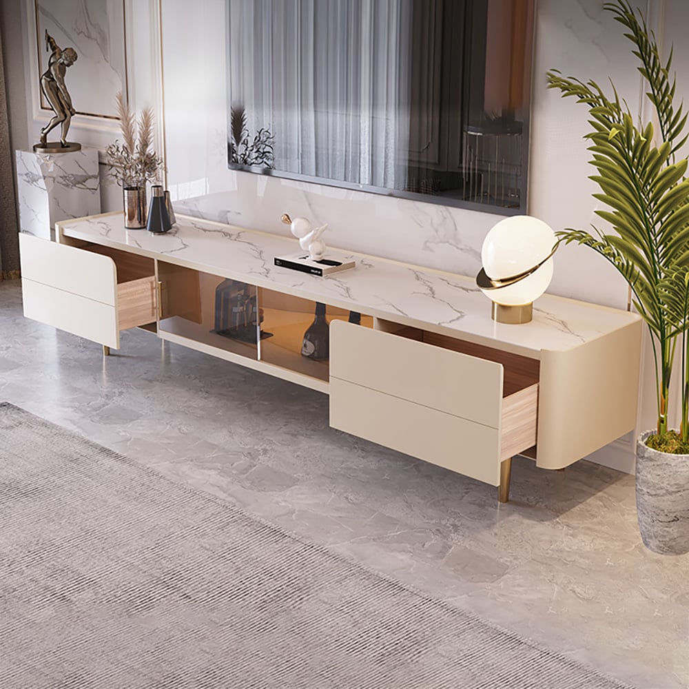 Nordic 79" Light Khaki TV Stand Sintered Stone Top Tempered Glass Doors Media Console window image