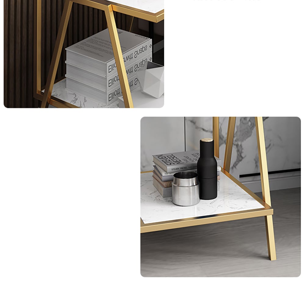 Modern 2-Tiers White End Table with Marble Top & Metal Frame window image