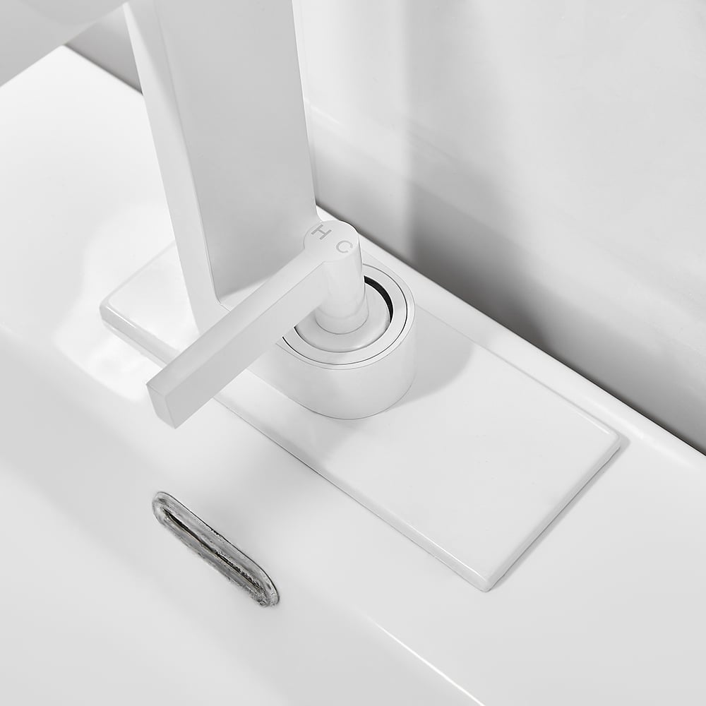White Waterfall Single Lever Handle Bathroom Basin Tap Solid Brass with Escutcheon