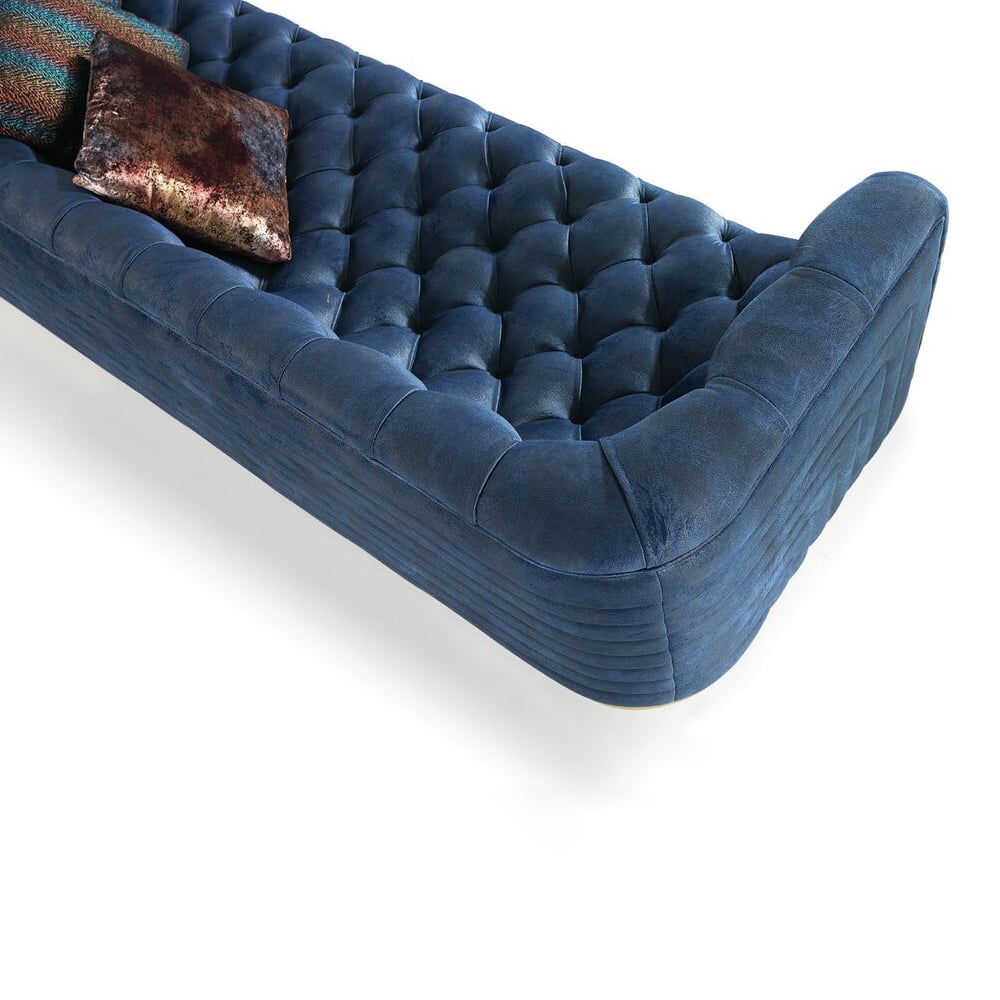 Blue 82.7" Tufted Velvet Upholstered Sofa 3-Seater Sofa with Solid Wood ...