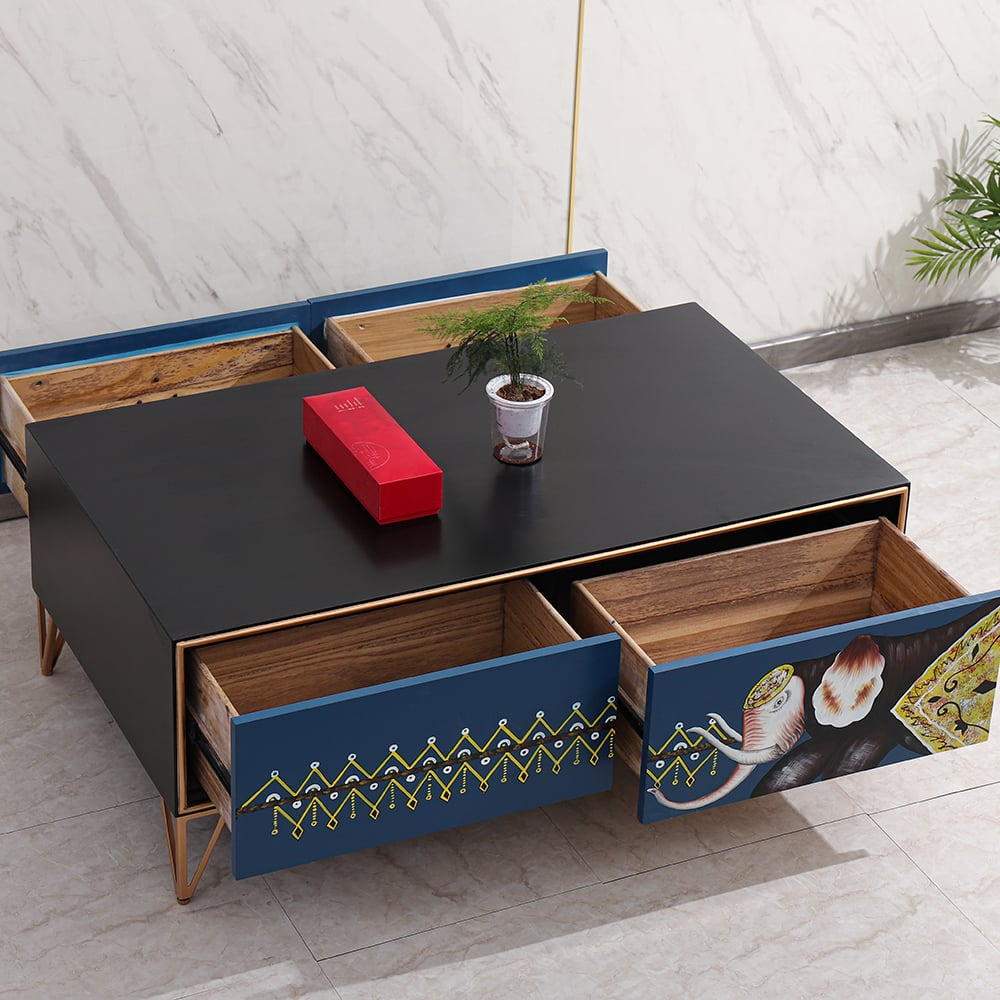 Modern Black Coffee Table with Drawers in MDF & Metal window image