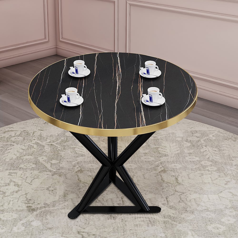 23.6'' Modern Round Dining Table with Stone Veneer Top & Metal Base in Black window image