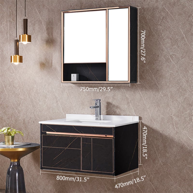 Black Floating Single Sink 31" Bathroom Vanity Set with Medicine Cabinet Sintered Stone window image