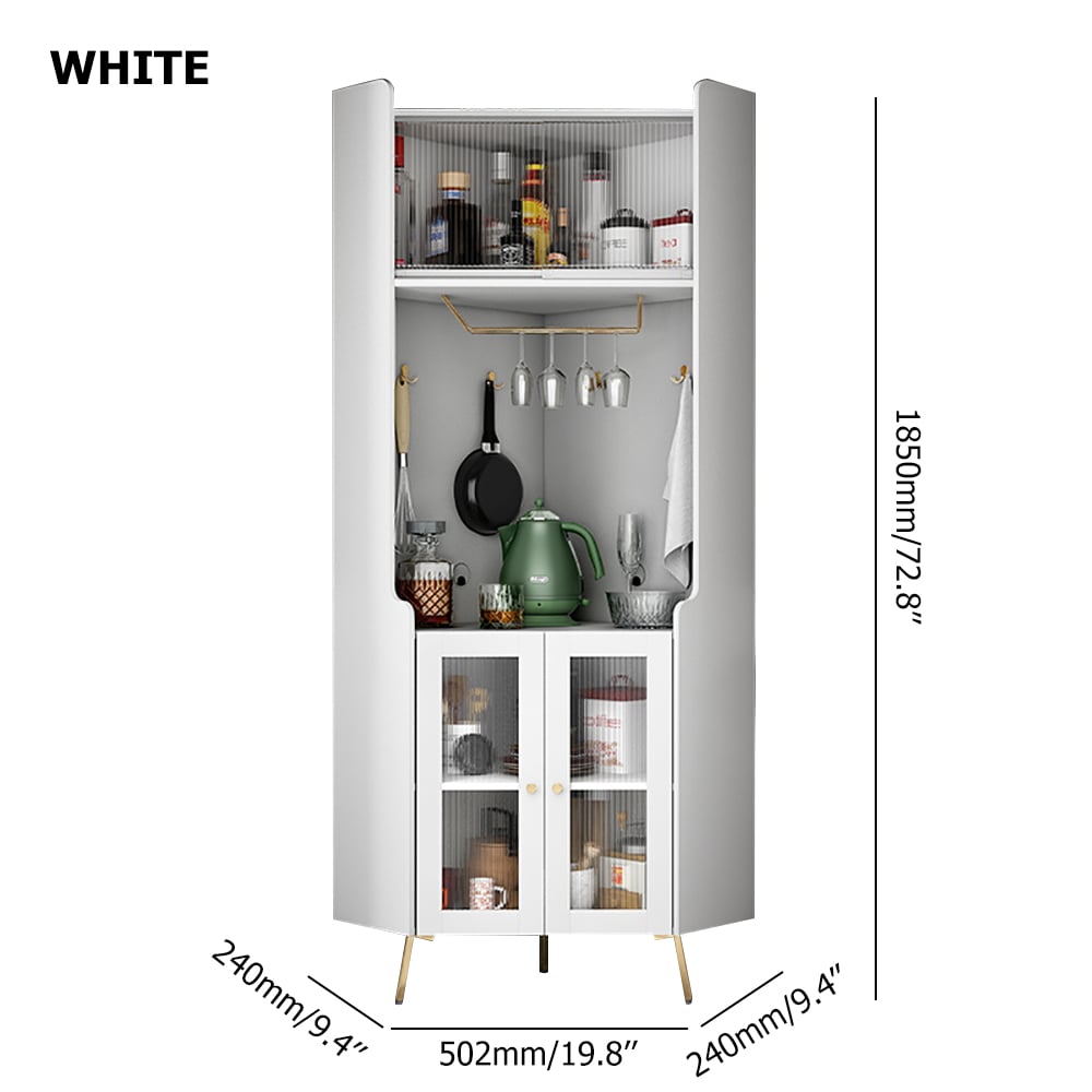 Kitchen Storage Corner Sideboard Standing Shelf with Door Glass Rack-White window image