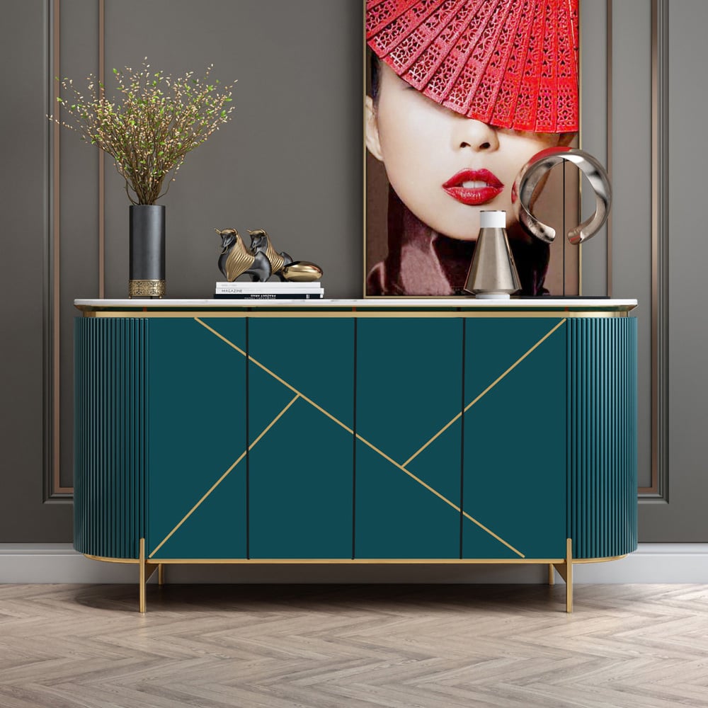 59" Modern Green Sideboard Buffet Faux Marble Top with 4 Doors 2 Shelves in Gold window image