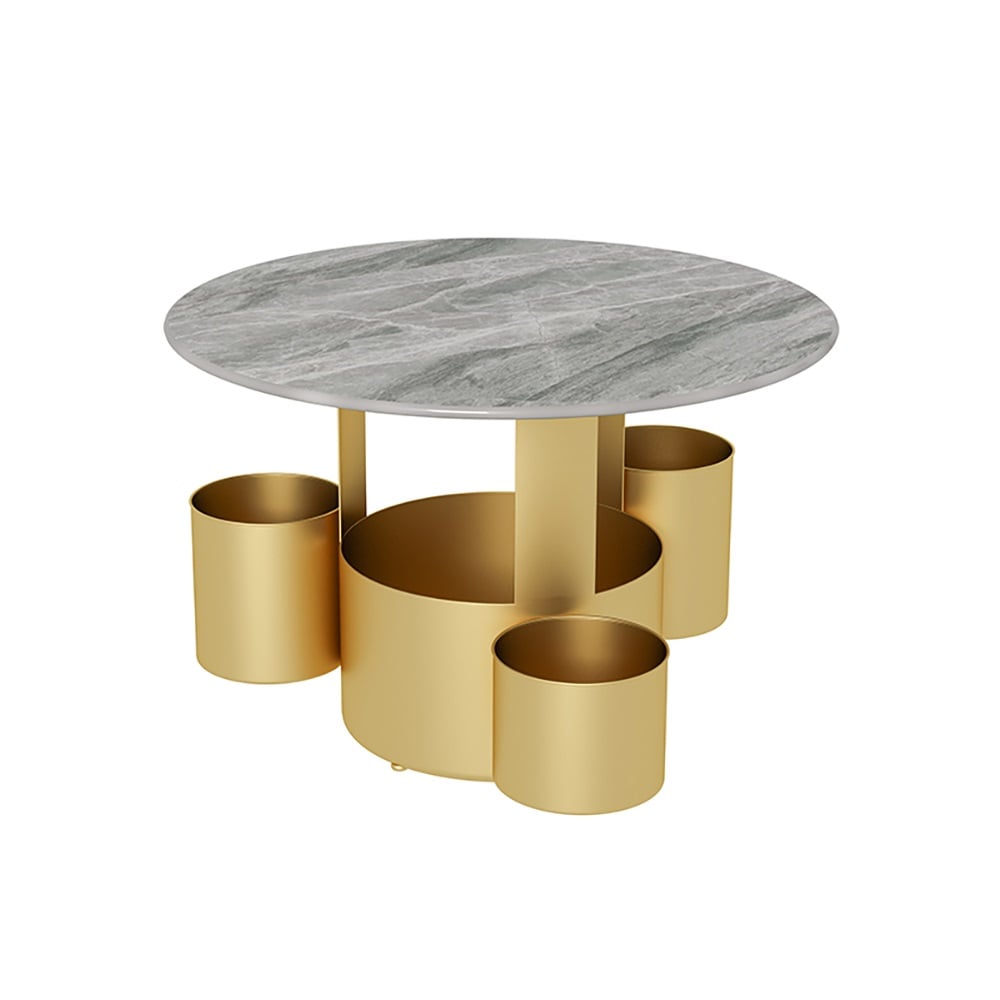 Modern Round Coffee Table with Storage Sintered Stone Top & Metal Pedestal in Gold window image
