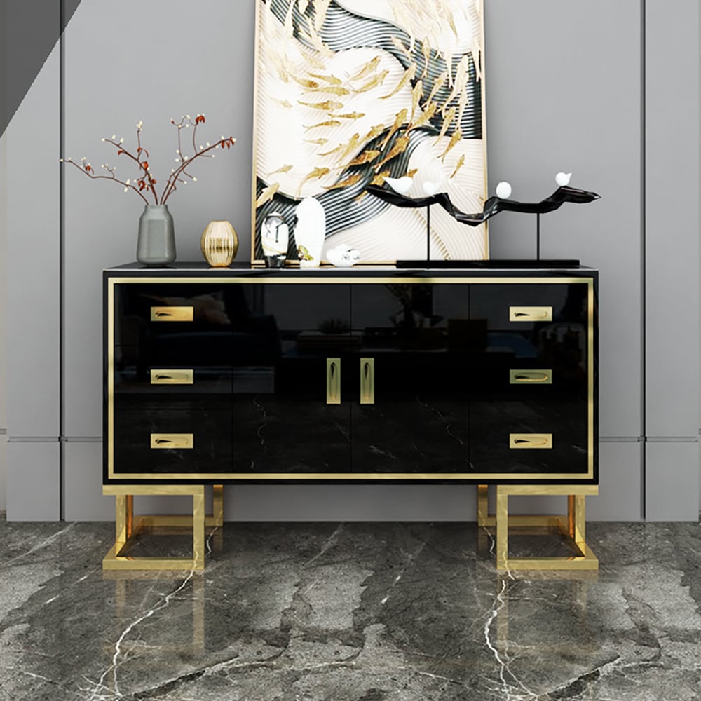 1500mm Modern Black Sideboard Buffet Tempered Glass Top Lacquered Surface Doors Drawers window image