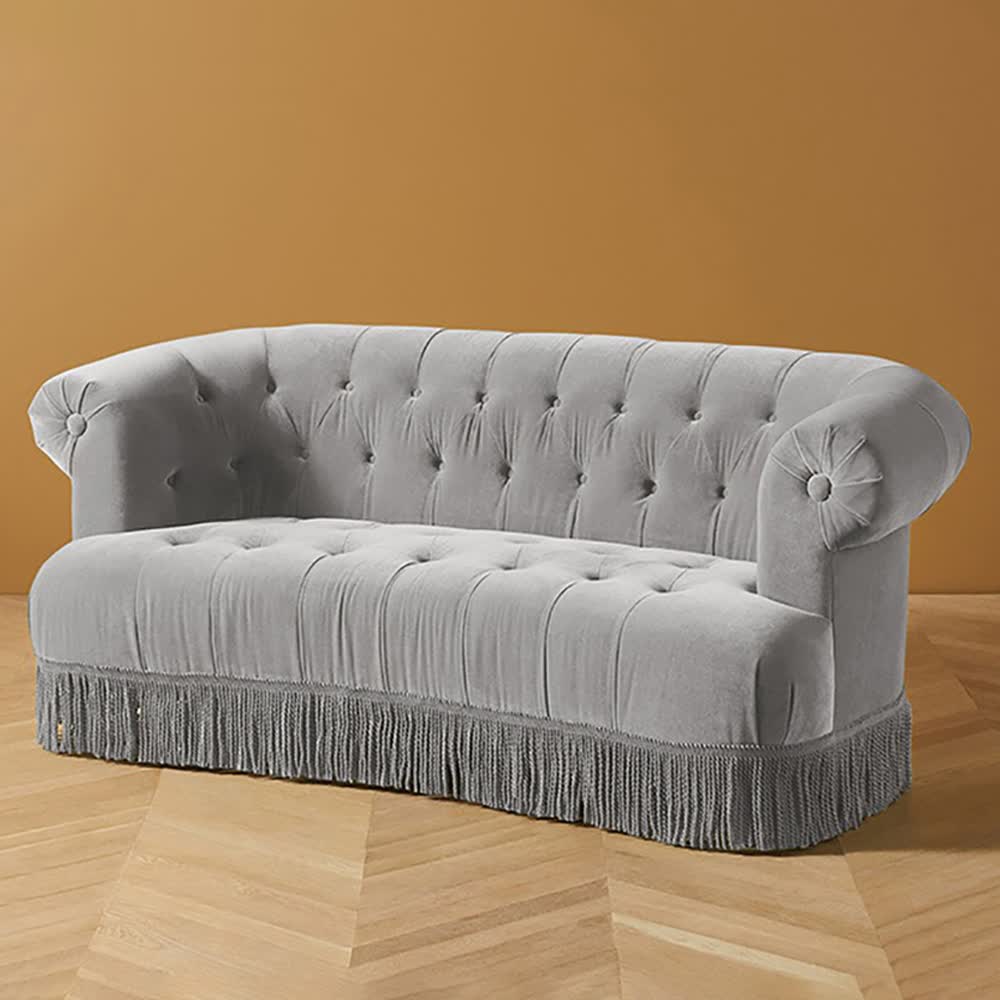 Retro Tassels Chesterfield Sofa Velvet Upholstered Sofa 82.7"-Gray window image