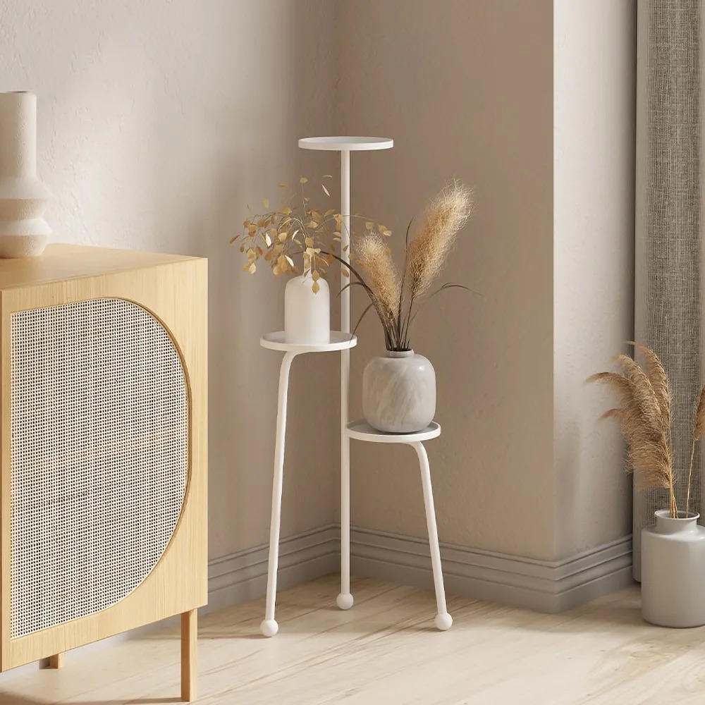 White Small Space 3-Layer Corner Floor-Standing Planter Stand with 3 Planter Trays window image