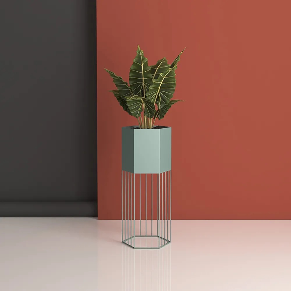 Hellgrüner kleiner 1-teiliger sechseckiger Blumentopf Ständer für Wohnzimmer, Metalldraht-Sockel Schaufensterbilder