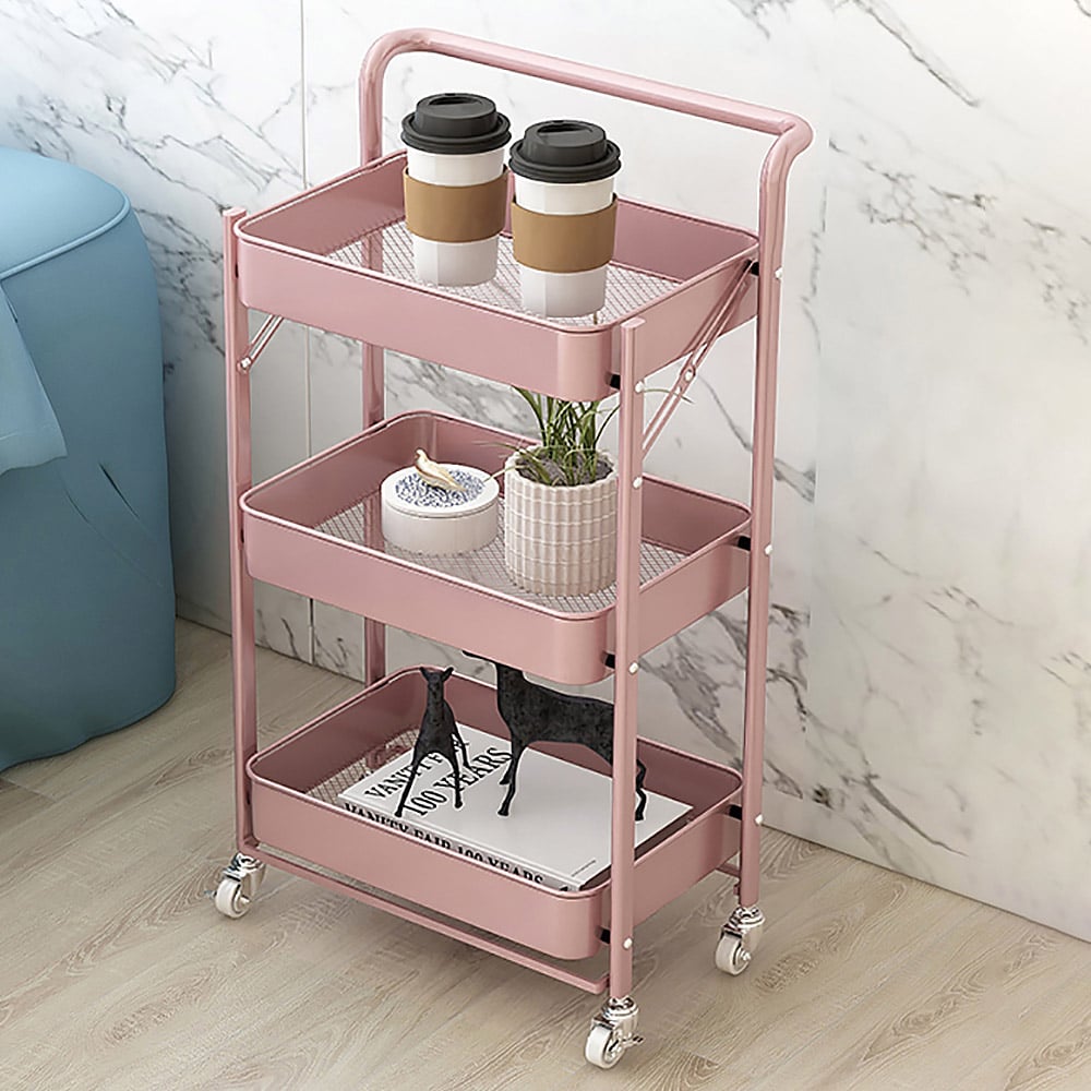 Foldable 3-Tier Bathroom Storage Shelves Rolling Wheels Cart Rack-Pink window image