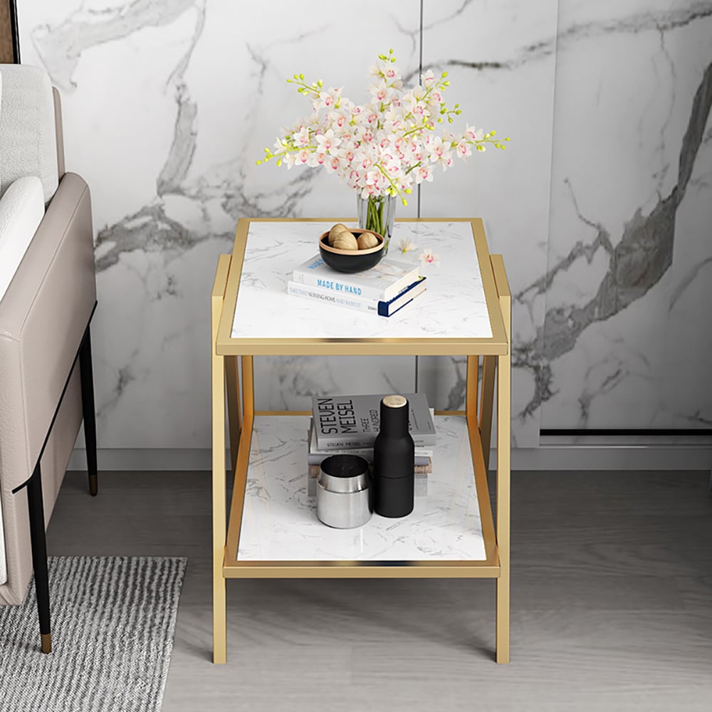 Modern 2-Tiers White End Table with Marble Top & Metal Frame window image