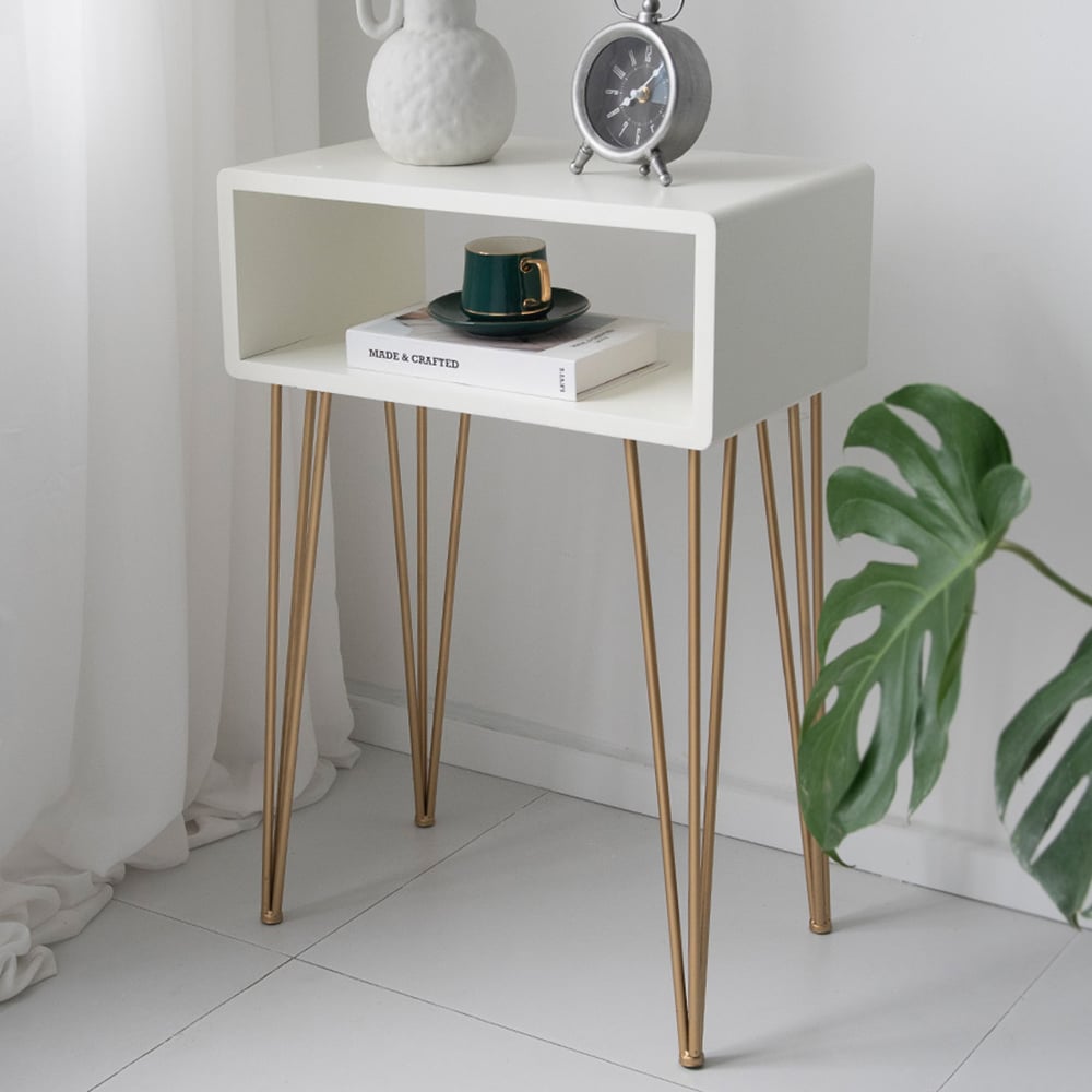 Modern White End Table with Storage in MDF & Metal window image
